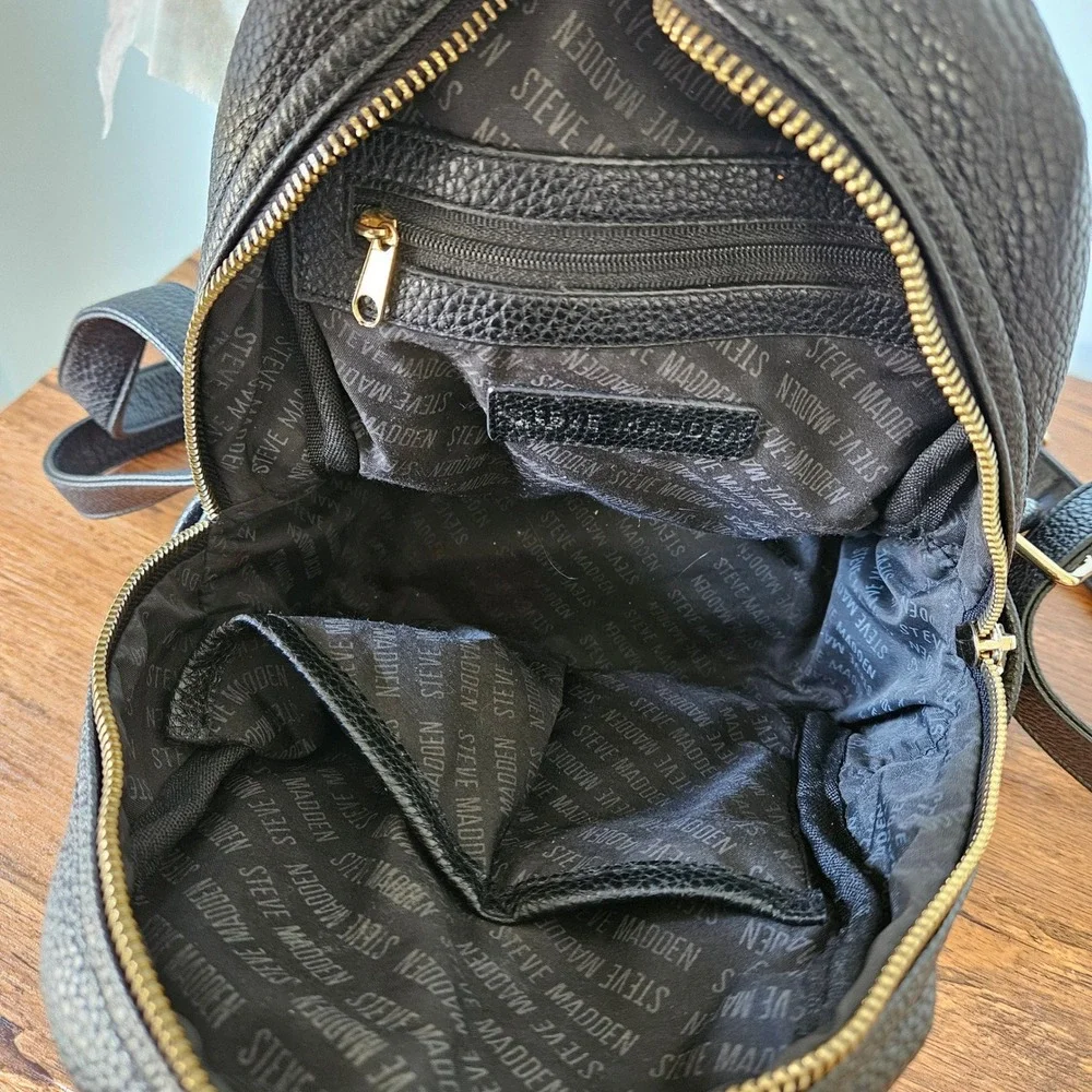 Steve Madden Black Pebbled Leather Mini Backpack Gold Hardware Front Pocket